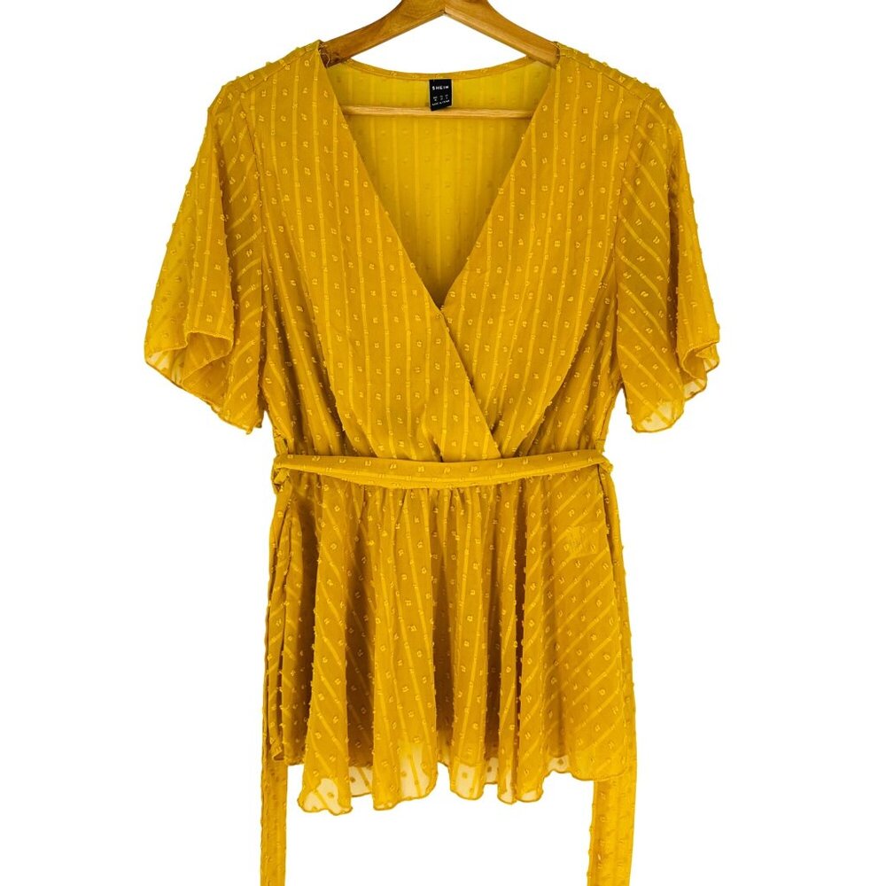 SHEIN Mustard Yellow Surplice Neck Flutter Sleeve Tie Waist Dot Textured Top M/6 - Picture 4 of 9
